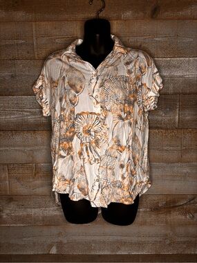 Jane & Delancey rayon summer Shell-Print Button Front Top  beach office top